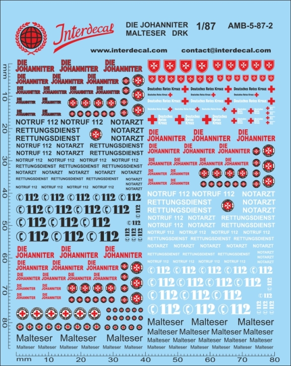 Emergency vehicle 02 DIE JOHANNITER/Malteser/DRK 1/87 Waterslidedecals 88x80mm