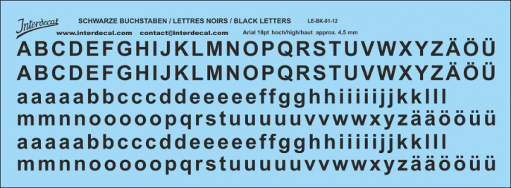 Buchstaben Arial 18 pt. Naßschiebebild Decal schwarz 137x48mm INTERDECAL