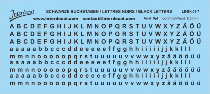 Buchstaben Arial 9 pt. Naßschiebebild Decal schwarz 90x40mm INTERDECAL