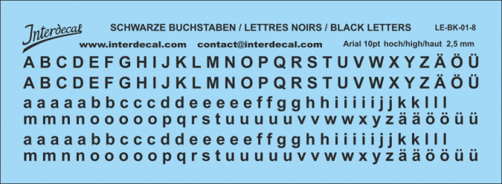 Buchstaben Arial 10 pt. Naßschiebebild Decal schwarz 90x30mm INTERDECAL