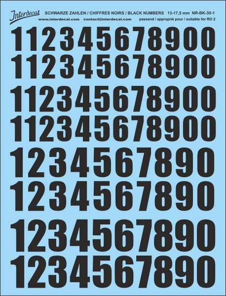Numbers 01 for R02 13-17,5mm high Waterslidedecals black 140x112mm INTERDECAL