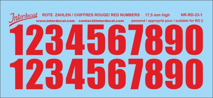Numbers 01 for R02 17,5mm Waterslidedecals red 102x46mm INTERDECAL