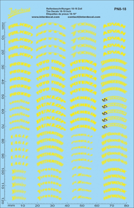 Reifenbeschriftungen 18-19" 1/18 Naßschiebebild Decal gelb 120x80mm INTERDECAL