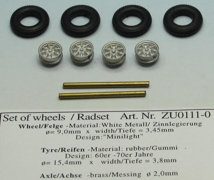 Set of wheels 4x Rim 4x Tires 2x Axle unpainted 1/43 whitemetal/pewter kit
