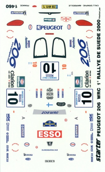 Peugeot 206 WRC Rallye de Suede 2000 (Starter) 1/43 Naßschiebebild Decal