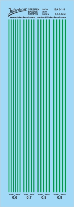Stripes 0,6 - 0,9 mm Waterslidedecals green 117x39mm INTERDECAL