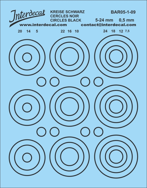 Kreise Ø 5-24 mm 0,5mm Naßschiebebild Decal schwarz 80x72mm INTERDECAL