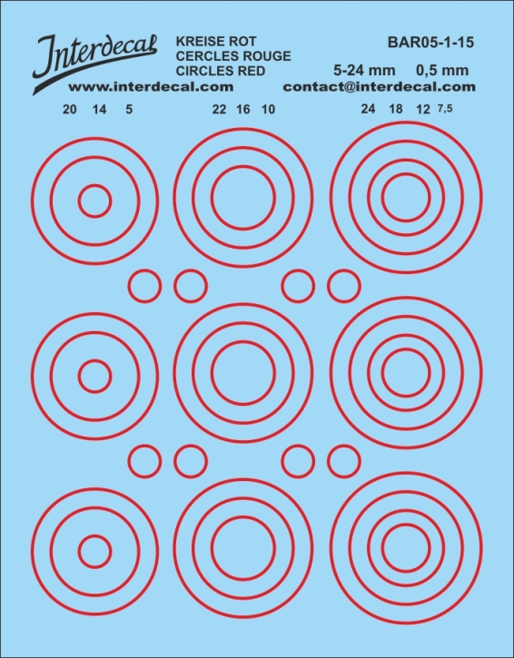Ronds Ø 5-24 mm 0,5mm Waterslidedecals red 80x72mm INTERDECAL
