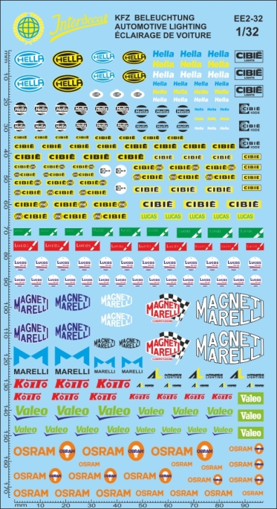 Elektrische Ausrüstung 2 KFZ Beleuchtung 1/32 Naßschiebebild Decal 173x97mm