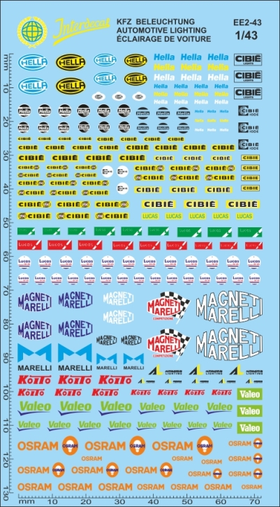 Elektrische Ausrüstung 2 KFZ Beleuchtung 1/43 Naßschiebebild Decal 129x72mm