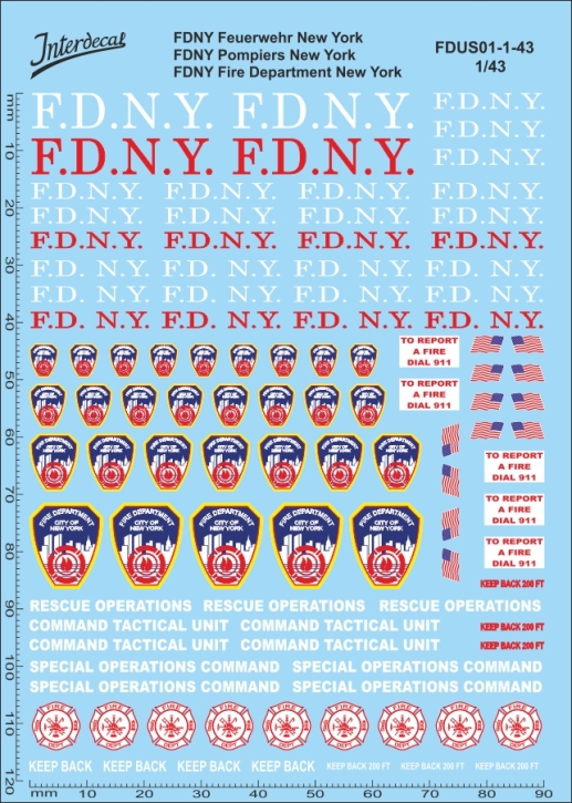 Feuerwehr  USA 01-43 New York 1/43 Naßschiebebild Decal 119x90mm INTERDECAL