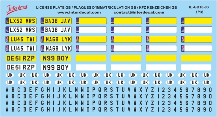 Registration plates GB 03 1/18 Waterslidedecals 192x87mm INTERDECAL Registration plates GB 03 1/18 Waterslidedecals 192x87mm INTERDECAL