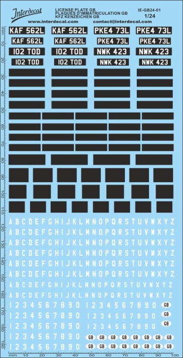 Plaques immatriculations GB 01 1/24 Décalcomanies noir-blanc 194x100mm