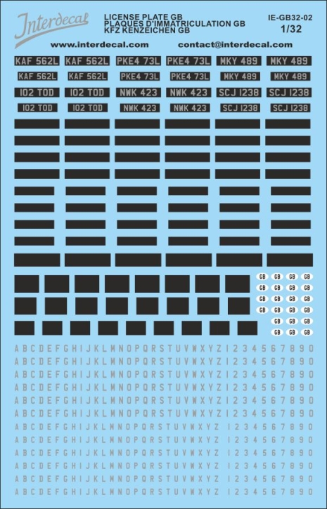 Registration plates GB 02 1/32 Waterslidedecals black-white-silver 158x108mm Registration plates GB 02 1/32 Waterslidedecals black-white-silver 158x108mm