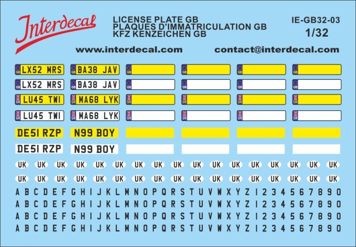 Plaques immatriculations GB 03 1/32 Décalcomanies 108x55mm INTERDECAL