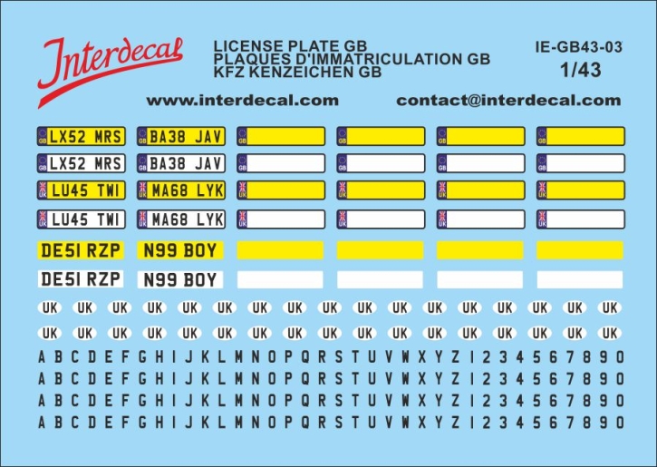 Registration plates GB 03 1/43 Waterslidedecals 80x41mm INTERDECAL