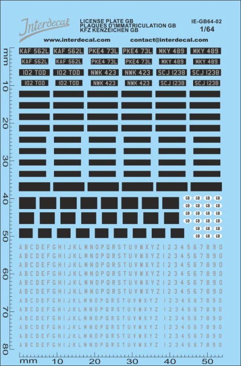 Kennzeichen GB 02 1/64 Naßschiebebild Decal schwarz-weiss-silber 79x54mm