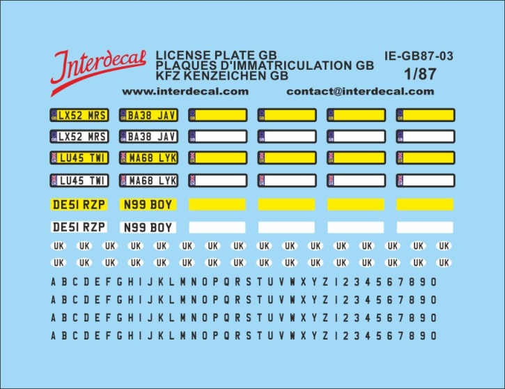 Registration plates GB 03 1/87 Waterslidedecals 41x23mm INTERDECAL