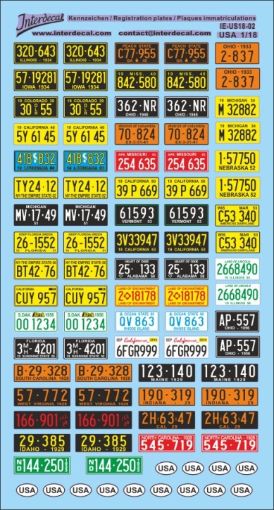 Kennzeichen USA 02 1/18 Naßschiebebild Decal 169x92mm INTERDECAL