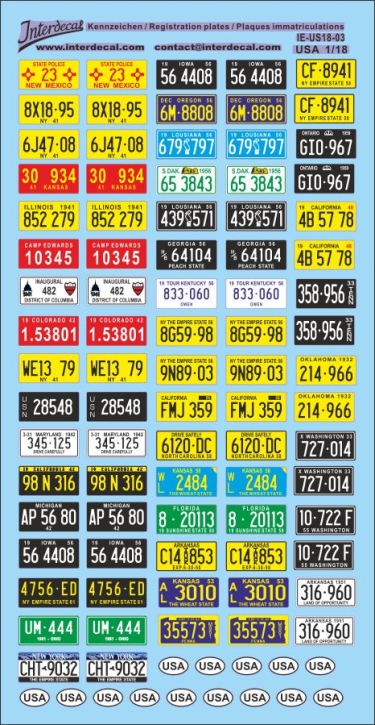 Kennzeichen USA 03 1/18 Naßschiebebild Decal 175x92mm INTERDECAL