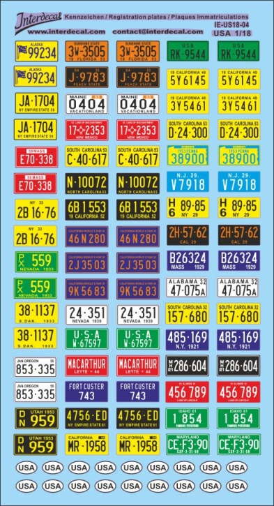 Kennzeichen USA 04 1/18 Naßschiebebild Decal 171x94mm INTERDECAL