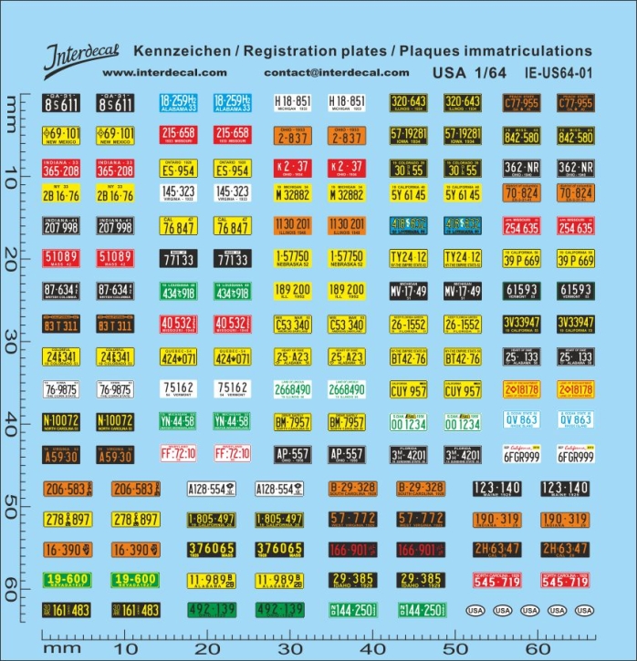 Kennzeichen USA 01 1/64 Naßschiebebild Decal 63x67mm INTERDECAL
