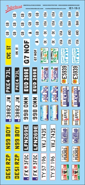 Registration plates various nations 03 1/18 Waterslidedecals 175x75mm