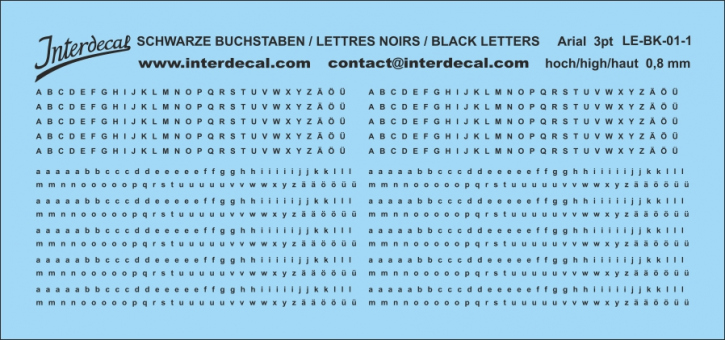 Buchstaben Arial 3 pt. Naßschiebebild Decal schwarz 78x36mm INTERDECAL