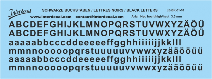 Buchstaben Arial 14 pt. Naßschiebebild Decal schwarz 100x35mm INTERDECAL