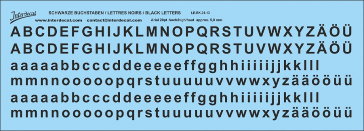Buchstaben Arial 20 pt. Naßschiebebild Decal schwarz 160x55mm INTERDECAL