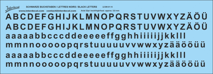 Buchstaben / lettre / letters Arial 22  pt. (196x68 mm)