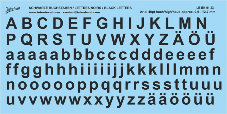 Buchstaben Arial 40 pt. Naßschiebebild Decal schwarz 180x90mm INTERDECAL