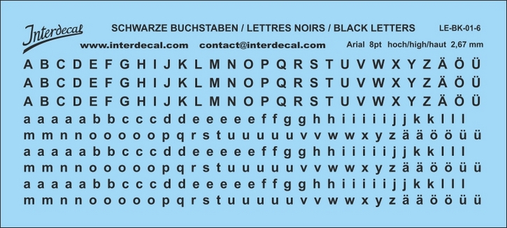 Buchstaben Arial 8 pt. Naßschiebebild Decal schwarz 90x40mm INTERDECAL