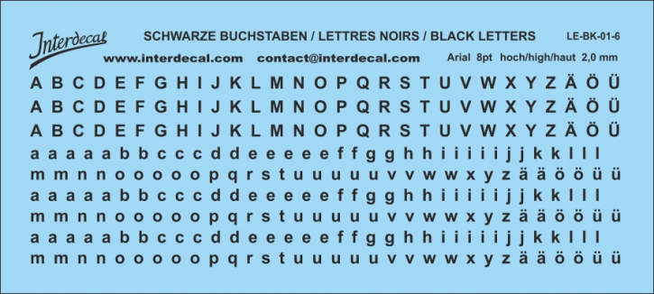 Buchstaben Arial 8 pt. Naßschiebebild Decal schwarz 90x40mm INTERDECAL