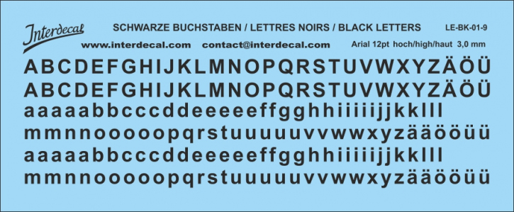 Buchstaben Arial 12 pt. Naßschiebebild Decal schwarz 90x35mm INTERDECAL