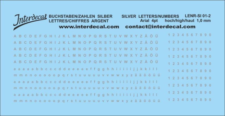 Buchstaben und Zahlen Arial 4 pt. Naßschiebebild Decal silber 76x26mm