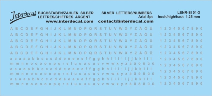 Buchstaben und Zahlen Arial 5 pt. Naßschiebebild Decal silber 94x28mm
