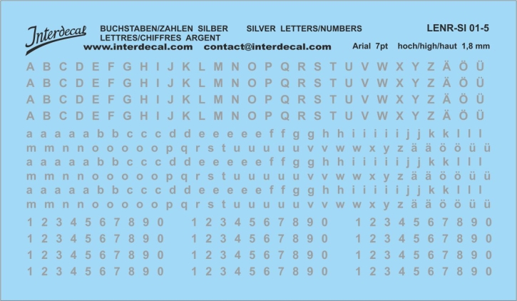 Letters and Numbers Arial 7 pt. Waterslidedecals silver 99x45mm INTERDECAL