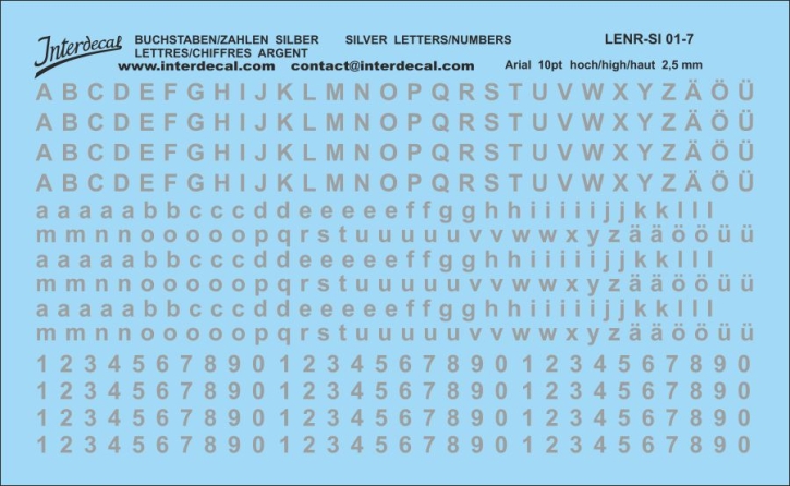 Buchstaben und Zahlen Arial 10 pt. Naßschiebebild Decal silber 106x55mm