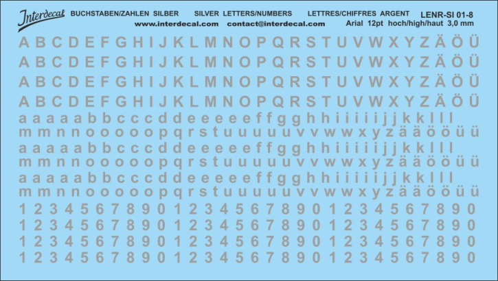 Buchstaben und Zahlen Arial 12 pt. Naßschiebebild Decal silber 127x63mm