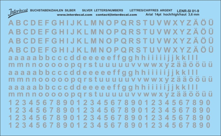 Buchstaben und Zahlen Arial 14 pt. Naßschiebebild Decal silber 135x72mm