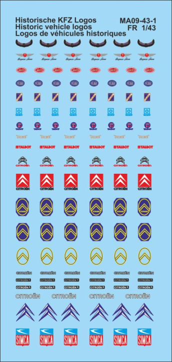 Logo 9 Historische KFZ Logos FR 1/43 Naßschiebebild Decal 101x45mm INTERDECAL