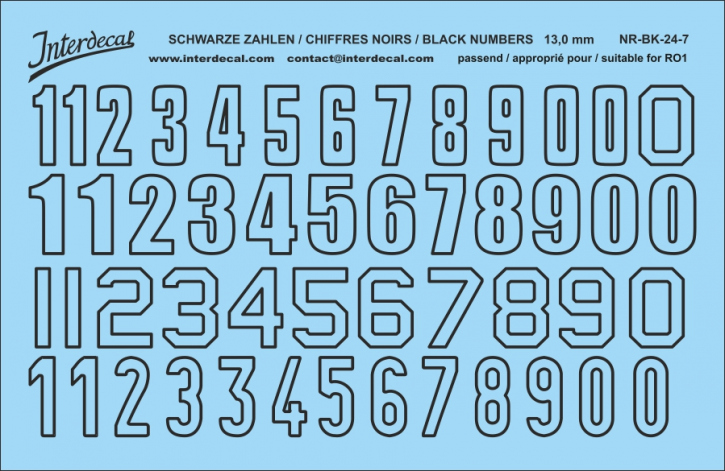 Numbers 07 for R01 13mm Waterslidedecals black 100x68mm INTERDECAL