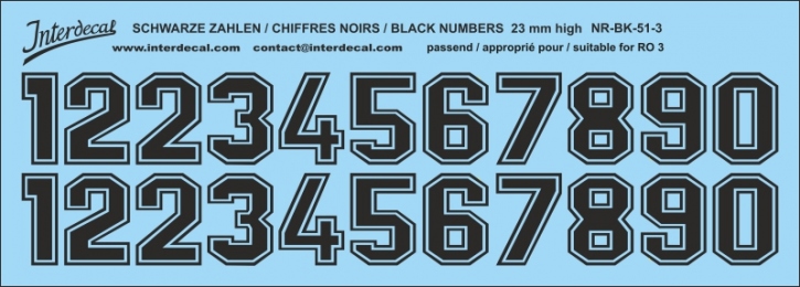 Schwarze Zahlen 03 für RO3 23mm (198x71 mm) NR-BK-51-3