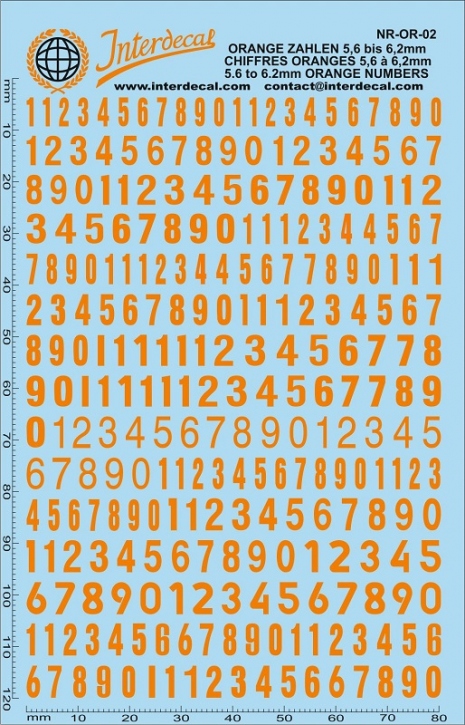 Zahlen 02 5,6-6,2mm Naßschiebebild orange INTERDECAL