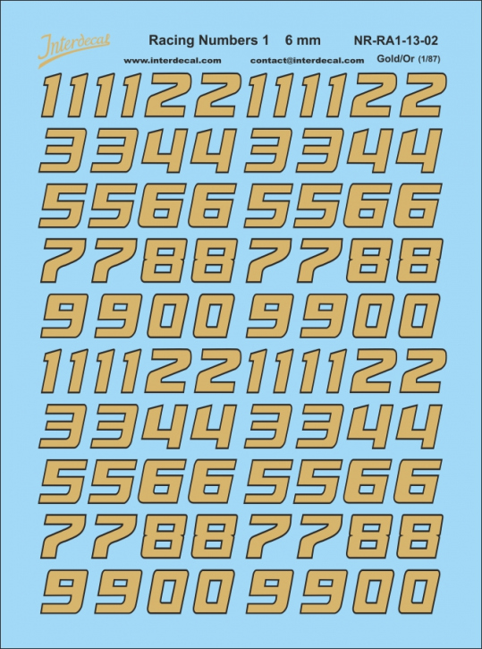 Numbers Racing 6mm 1/87 Waterslidedecals gold 70x57mm INTERDECAL