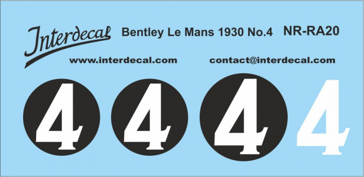Startnummer Bentley Le Mans 1930 No. 4 1/18  (80 x 40 mm) weiss auf schwarz  NR-RA20