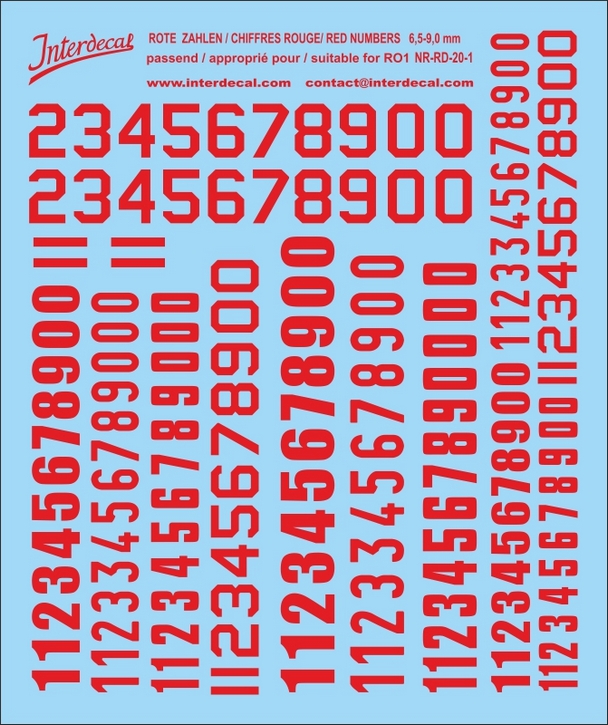 Numbers 01 for R01 6,5-9mm Waterslidedecals red 100x90mm INTERDECAL
