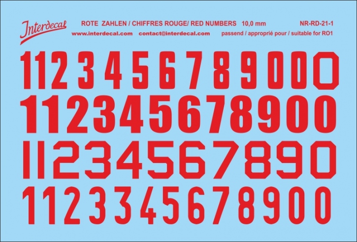 Numbers 01 for R01 10mm Waterslidedecals red 74x54mm INTERDECAL