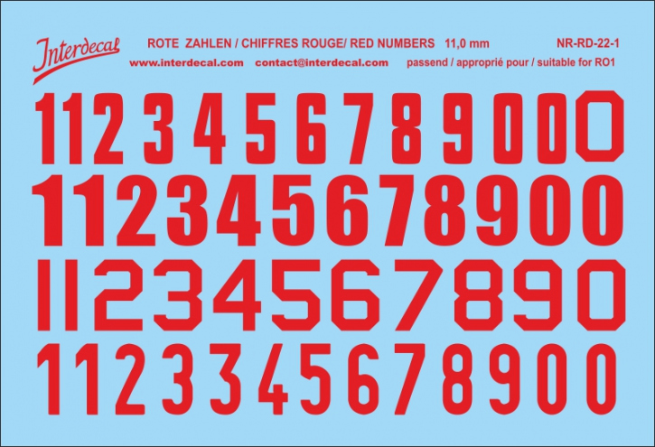 Numbers 01 for R01 11mm Waterslidedecals red 90x59mm INTERDECAL